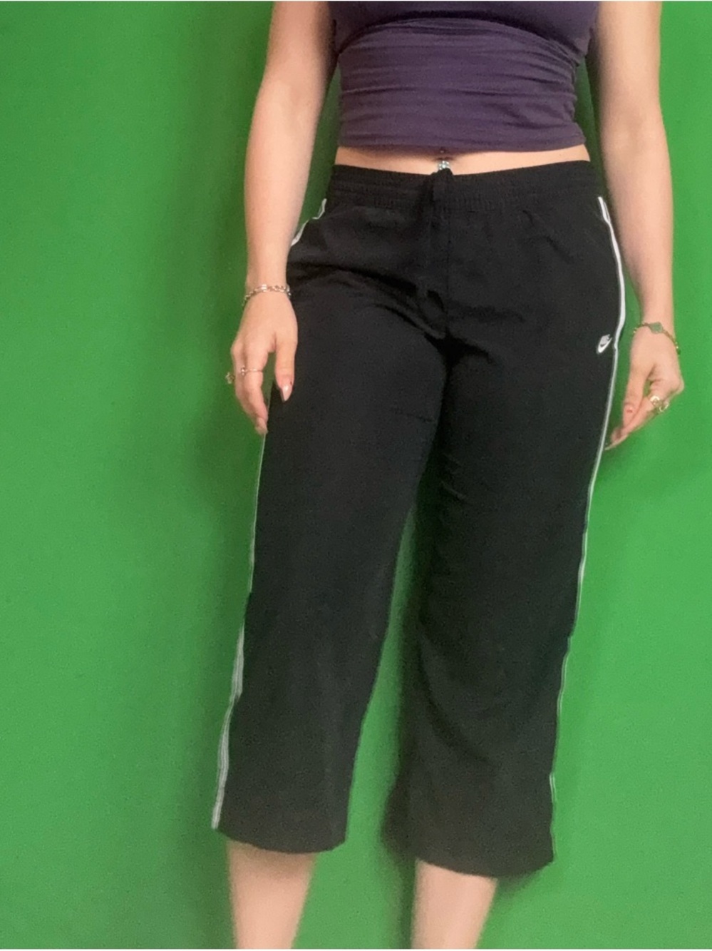 Black Cropped Track Pants with Side Stripe